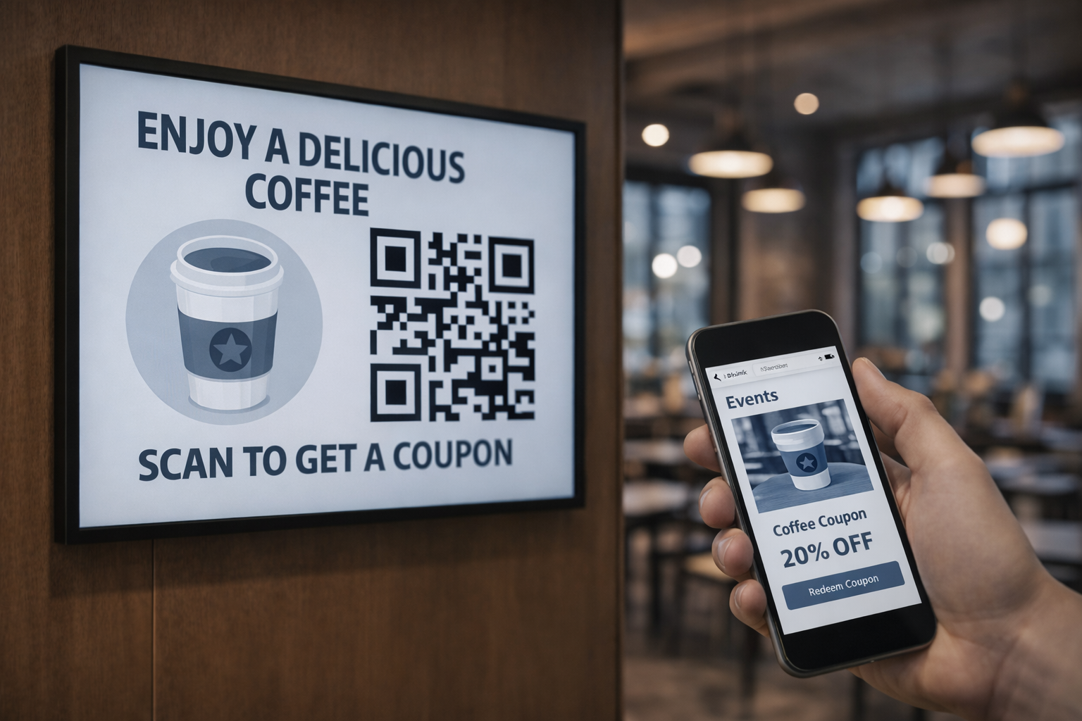 In-store screen showing a scannable coupon QR code next to a phone redeeming the offer